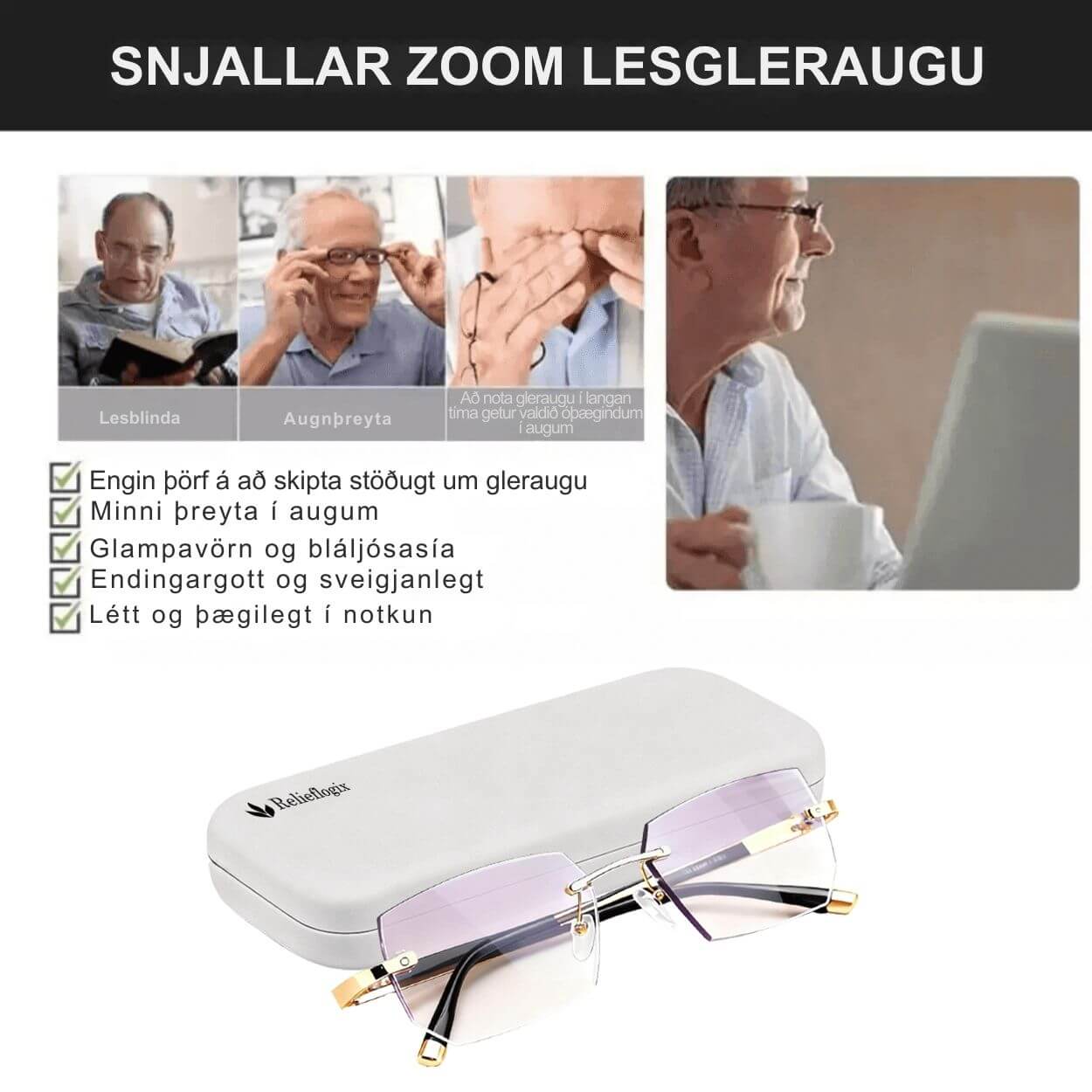 Relieflogix fjölfókusgleraugu fyrir lestur og fjarlægð