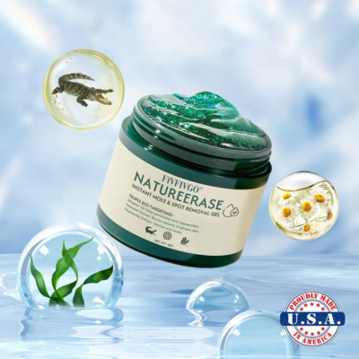 Fivfivgo NatureErase gel marketed for moles, skin tags, and dark spots